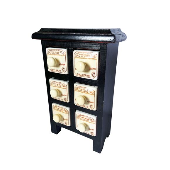 Vintage Wine Theme French Apothecary Spice Rack Wooden Box 6 Porcelain Drawers - Picture 2 of 6